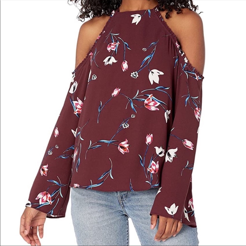 Cooper & Ella Brown Autumn Floral Juni Halter Cold Shoulder Blouse. Size M